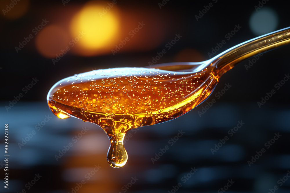 Poster a droplet of honey slowly oozing from a spoon, with its thick, viscous flow creating captivating pat