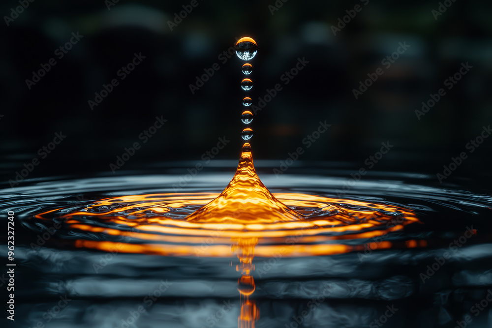 Poster a droplet falling into a dark, reflective surface, creating a sudden splash that distorts light in a