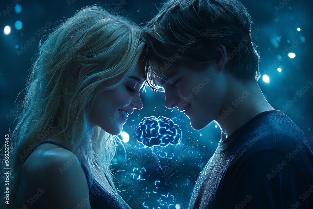 Poster group mind brain network two young people facing each other with illuminated brain images symbolizin