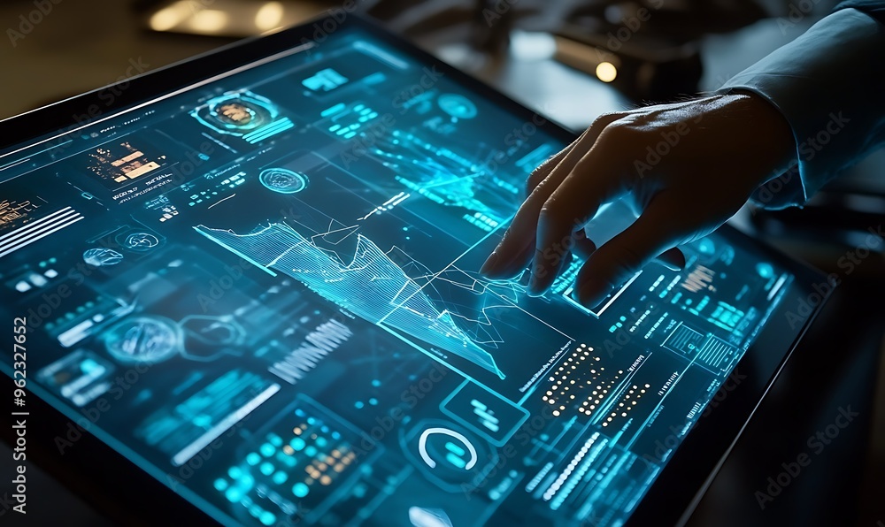 Poster hand interacting with a futuristic interface on a tablet