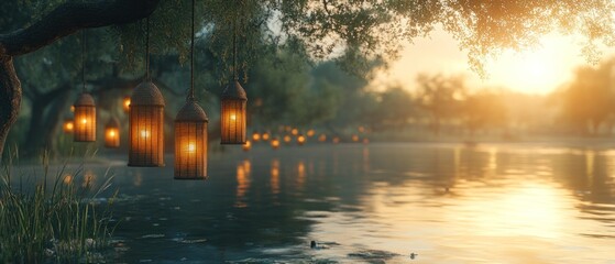Golden Lanterns Hanging Over a Serene Lake at Sunset