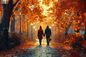 Obraz premium A couple walking hand-in-hand through a park adorned with golden and crimson leaves, enjoying the crisp fall air. Concept of romantic autumn outings.