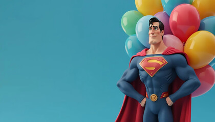 Super-homem e bal&otilde;es coloridos. Feliz anivers&aacute;rio do Super-homem. Festa de anivers&aacute;rio tem&aacute;tico. Cart&atilde;o anivers&aacute;rio. Parab&eacute;ns. Comemorar anivers&aacute;rio. Bexigas coloridas. Bal&otilde;es coloridos fundo azul