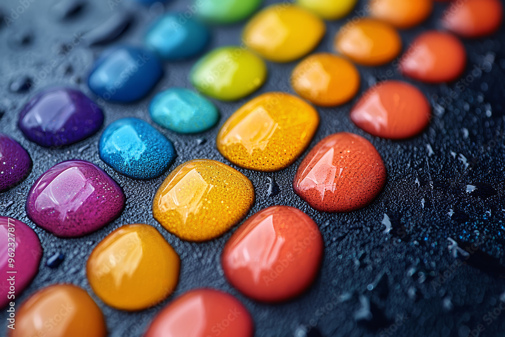 Poster a close-up of droplets of various colors blending together on a smooth surface, creating a vibrant, 