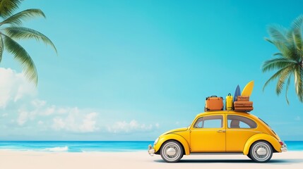 A yellow car with surfing stuff and luggage on the roof stands near a palm tree against a blue sky at the beach, evoking a summer vacation 