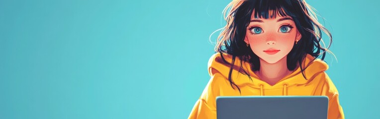 Anime Girl in Yellow Hoodie Working on Laptop