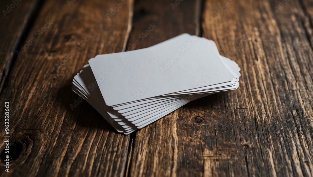 Poster empty business cards on a wooden table, perfect for adding your own text.