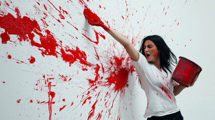 Angry Woman Splashing Red Paint on a White Wall with Fierce Expression
