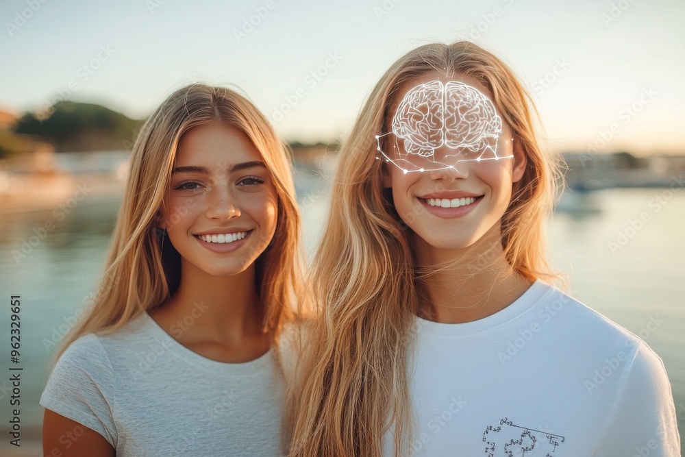 Aufkleber social learning skull two smiling women with transparent brains symbolizing shared thoughts and open