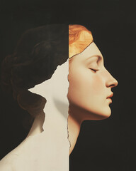 Medieval eternal beauty concept. Creative collage of the beautiful young woman using mix of different techniques. Close up portrait. Avant-garde postcard, poster style