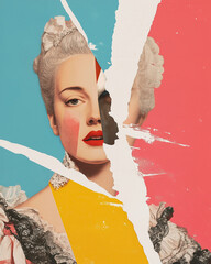 Marie Antoinette concept. Creative collage of the beautiful last queen of France using mix of different techniques. Close up portrait. Avant-garde postcard, poster style