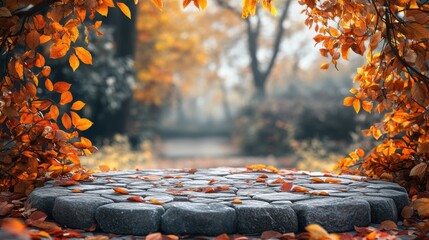stone podium for fall events, natural stone podium with autumn-inspired backdrop and space for your message or branding, ideal for fall events and seasonal promotions