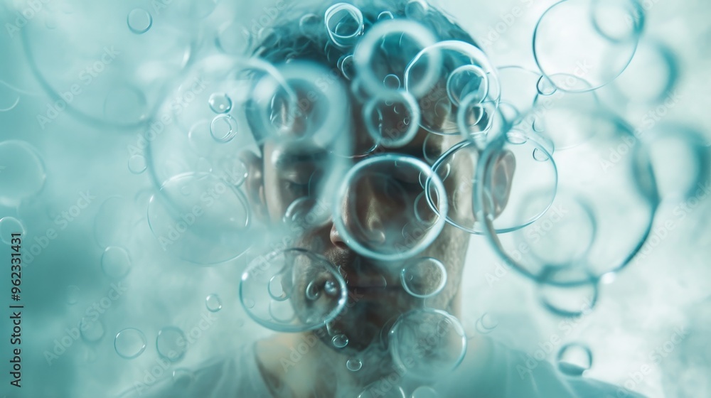 Poster a dreamlike portrait of a man with his face partly obscured by transparent, water-like bubbles, givi