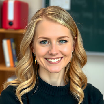 Una sonriente maestra rubia en su salon de clases