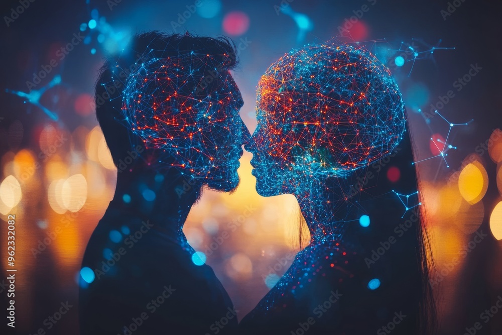 Poster empathic attunement skull silhouettes of a couple with interconnected brains representing the deep c
