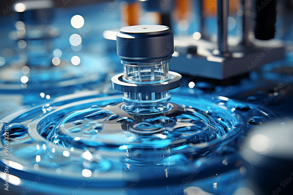 Poster a microscope focusing on a single drop of water. concept of microbiology. generative ai.