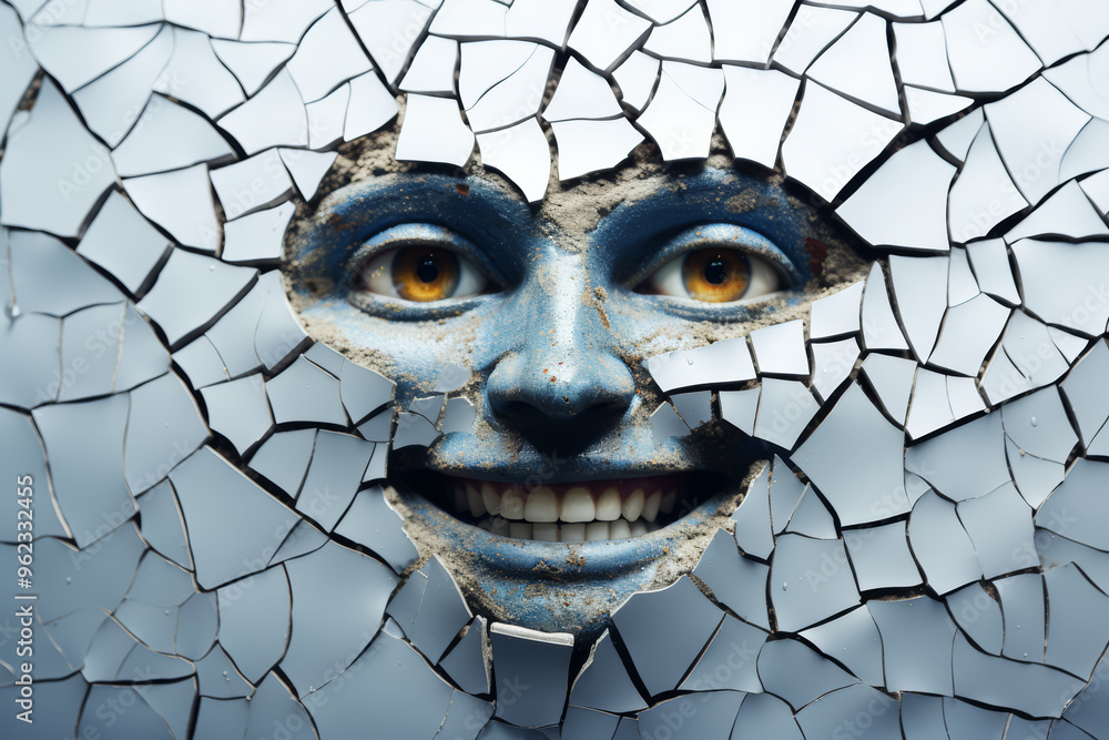 Poster a broken mirror reflecting a smiling face. concept of mental health recovery. generative ai.