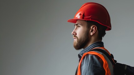 A side profile of a bearded construction worker wearing a red hard hat and reflective vest, looking ahead with a serious expression. The neutral background emphasizes his focus and professional