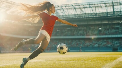 Action Shot of a Female Soccer Player Kicking a Ball