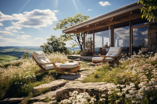 A secluded cabin overlooking a meadow of wildflowers. Concept of peaceful retreat. Generative Ai.
