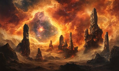 A Fiery Nebula Illuminates a Rocky Alien Landscape
