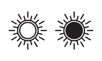 Sun icon, sun symbol, black sun sign isolated on white.