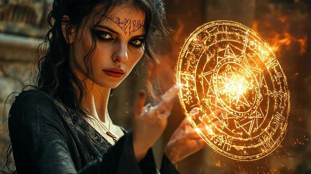 A mysterious vampire queen stands in her dark domain, channeling her energy as ancient symbols pulsate with life, affirming her dominance over the occult forces.