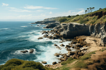 Fototapeta premium A picturesque cliffside with a panoramic ocean view. Concept of dramatic beauty. Generative Ai.