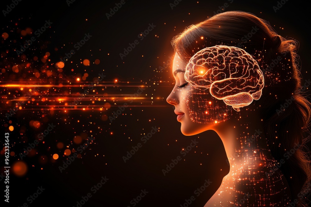Poster synchrony in social interactions brain silhouette of a head with fiery brain and flowing data repres