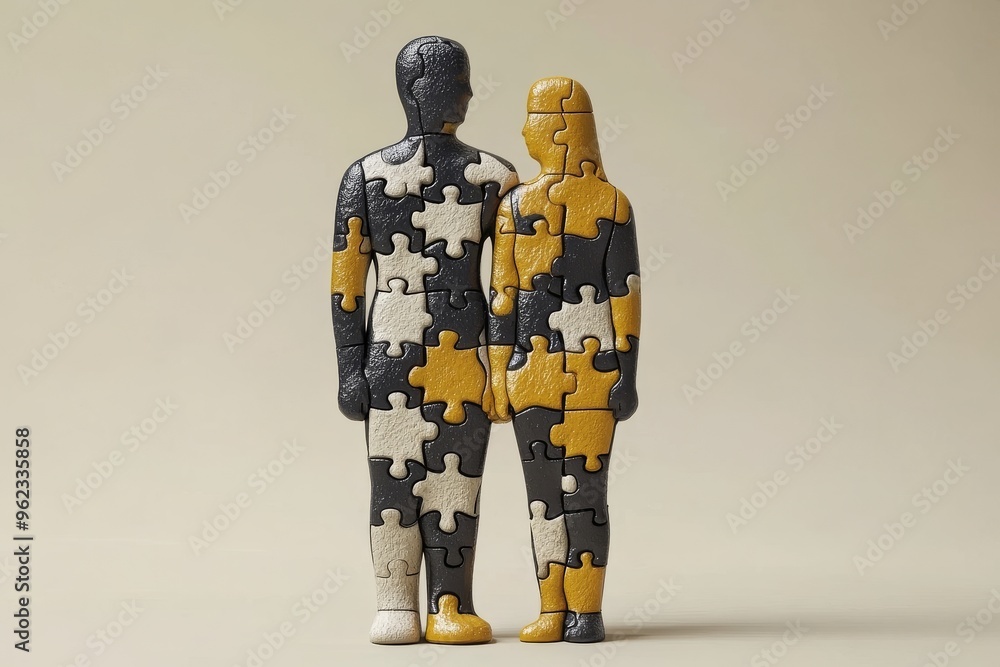 Aufkleber mutual understanding brain abstract representation of a man and woman with jigsaw like brain pattern