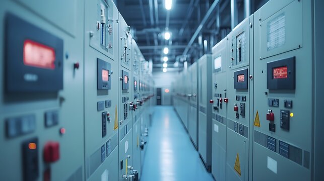 Switchgear System A switchgear system inside an industrial plant, consisting of multiple breaker panels, switches, and power meters for controlling electricity distribution. The room is organized with