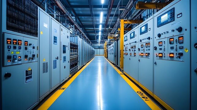 Switchgear System A switchgear system inside an industrial plant, consisting of multiple breaker panels, switches, and power meters for controlling electricity distribution. The room is organized with