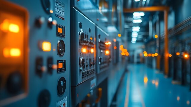 Switchgear System A switchgear system inside an industrial plant, consisting of multiple breaker panels, switches, and power meters for controlling electricity distribution. The room is organized with