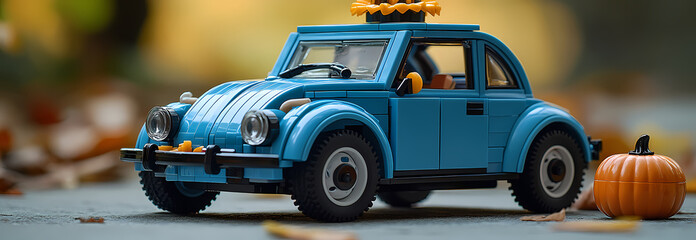 Toy car featuring a pumpkin placed on its roof.