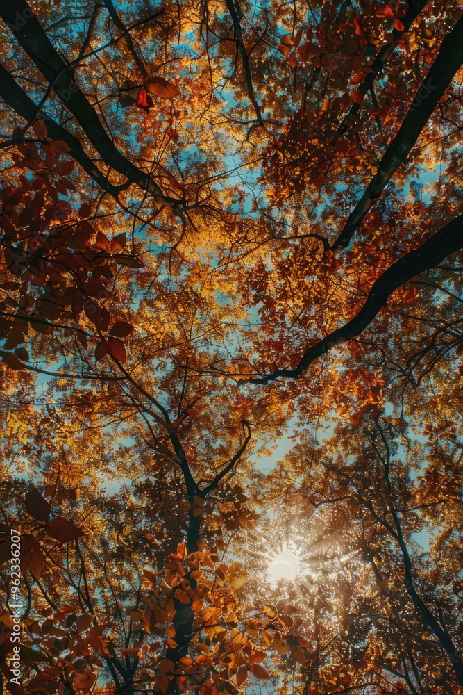 Poster a warm and inviting scene with sunlight shining through the foliage of a tree