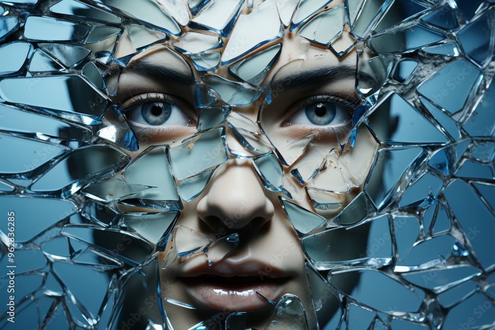 Poster a shattered mirror reflecting multiple perspectives. concept of fractured identity. generative ai.