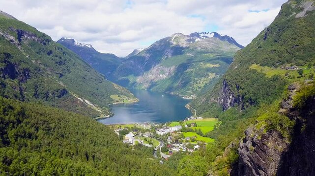 Geiranger at Geirangerfjord aerial view, Norway