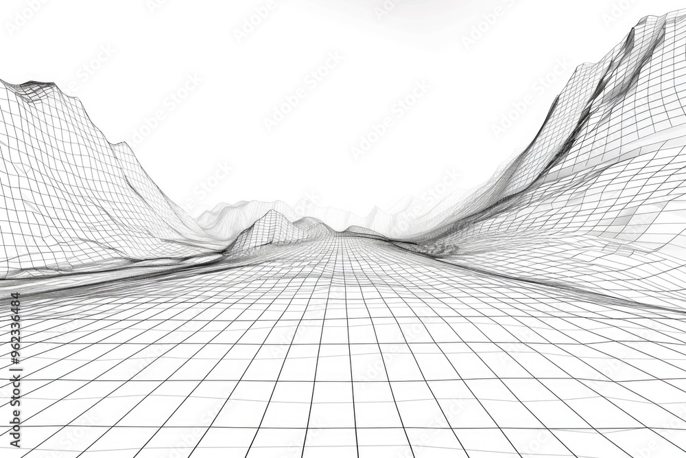 Poster A serene landscape of a mountain range captured in black and white, ideal for use as a backdrop or illustration