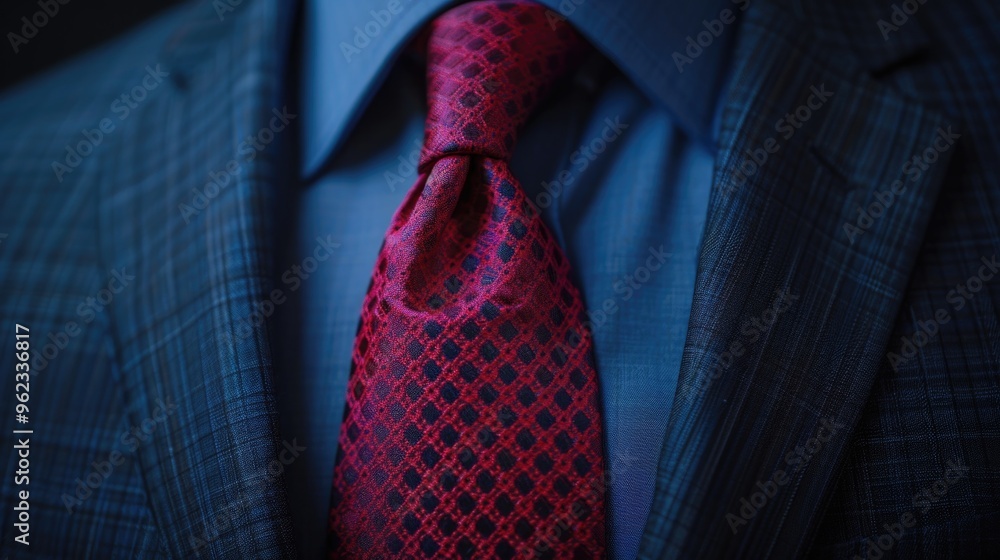 Poster a close-up view of a red tie on a suit, perfect for corporate or formal event uses