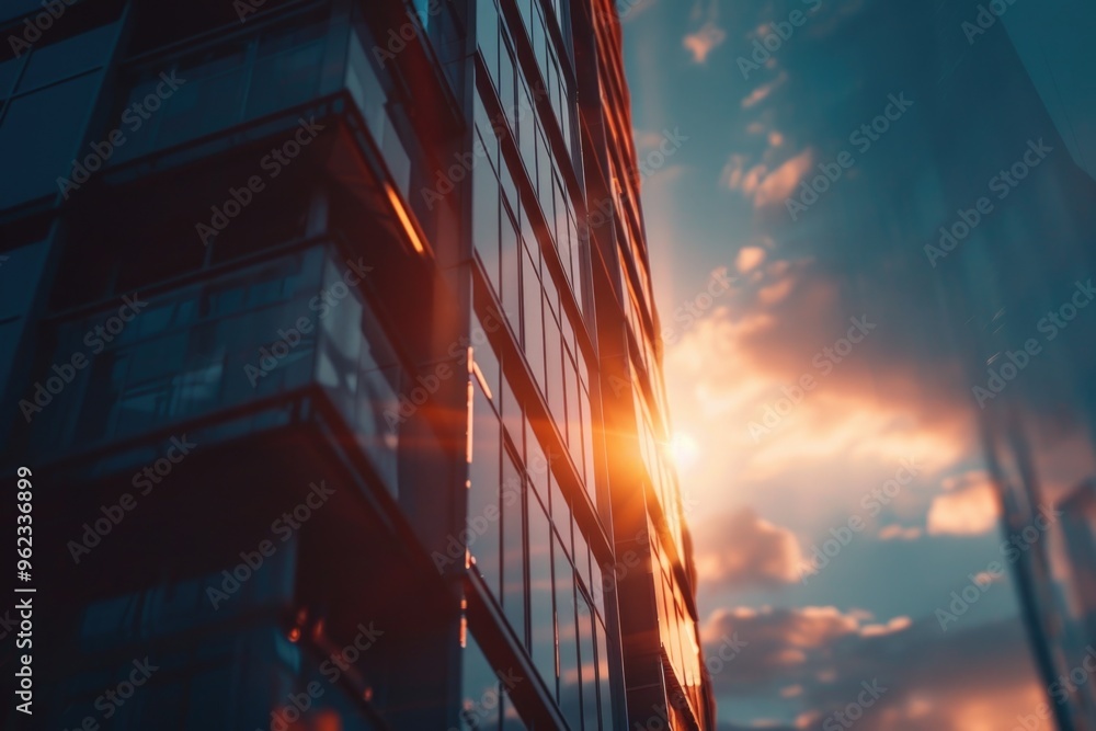 Poster a tall building with the sun setting behind it