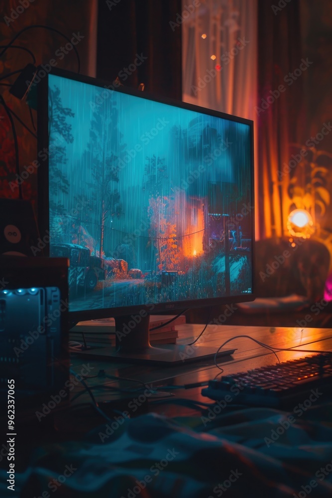 Poster a person's workspace with a computer monitor and desk