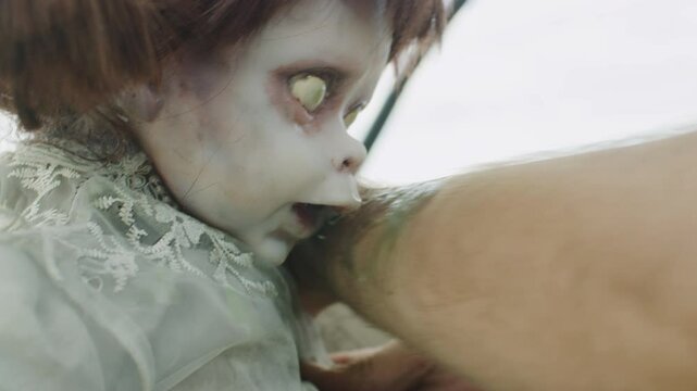 Scary little zombie baby trying to bite man's arm - close up