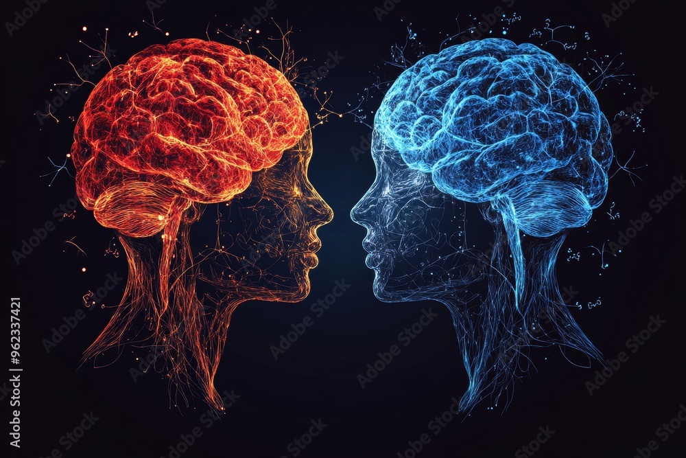 Poster neural interaction brain abstract blue and red brain illustration representing the duality of human 
