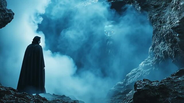 In a concealed cave shrouded in mystery, Dracula faces an ancient oracle. As secrets of his ancestry unravel, swirling mists enhance the tension of their encounter.