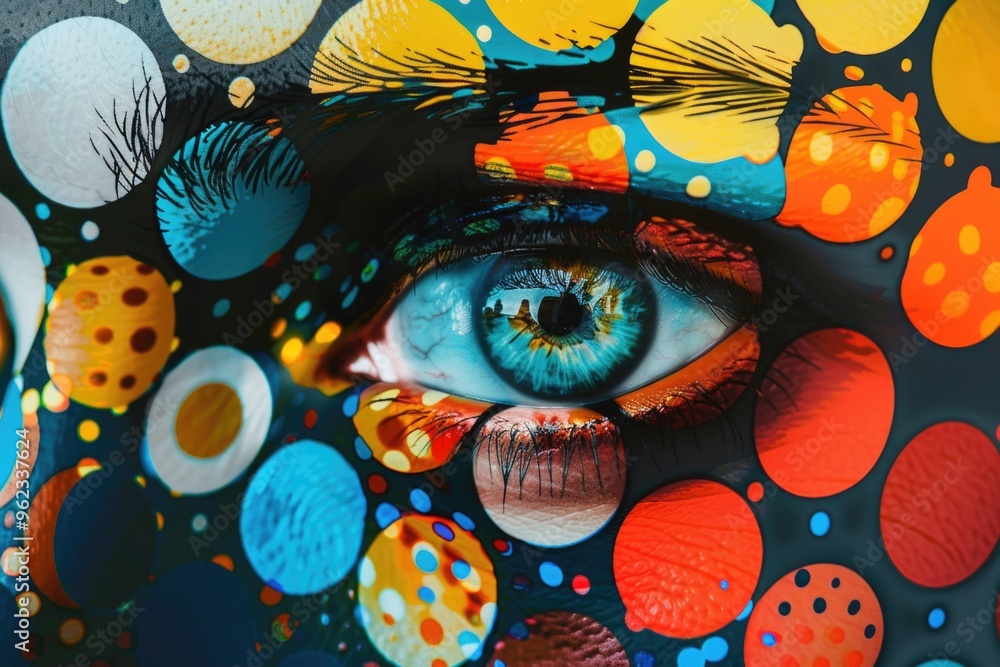 Poster a detailed view of a person's face with a distinctive painted eye, perfect for use in creative proje