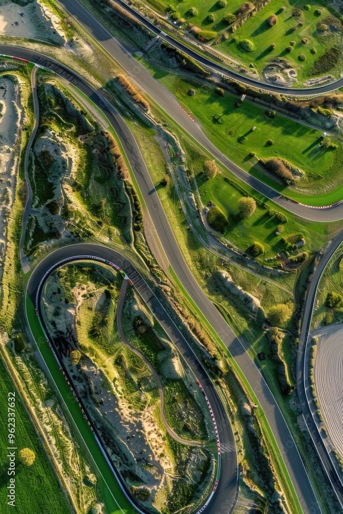 Poster aerial view of a winding road with trees and hills in the distance