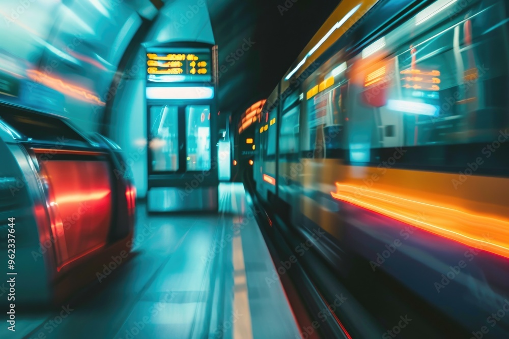 Poster a blurred image of a subway train moving quickly down the track, ideal for use in scenes where speed