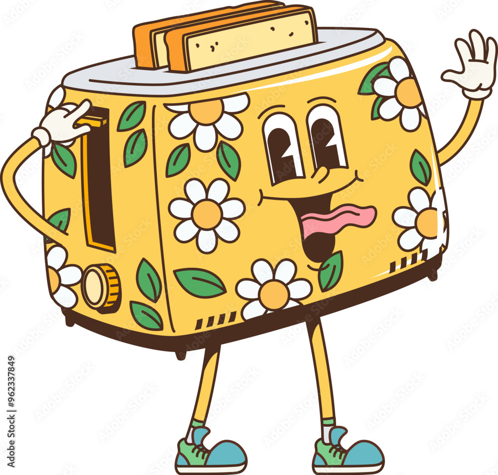 Poster retro cartoon groovy breakfast toaster character with a smiling face, fried toast slices popping out