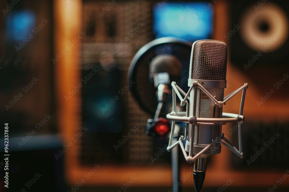 Poster studio equipment image featuring a microphone and blurred background
