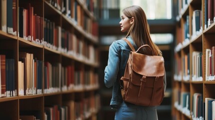 Young Woman in Library with Backpack
